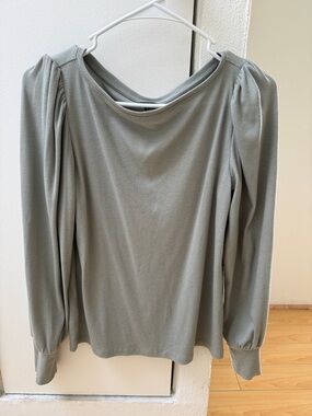 Ann Taylor Sage Green Ribbed Long Sleeve Top with Puff Shoulders